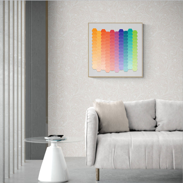 Colorful rainbow gradient wooden jigsaw puzzle displayed in a modern living room, enhancing focus and creativity.