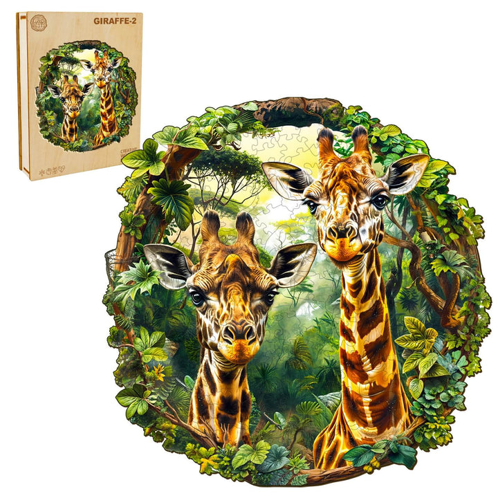 Giraffe-2 Wooden Jigsaw Puzzle showcasing two giraffes surrounded by lush greenery and the puzzle box.