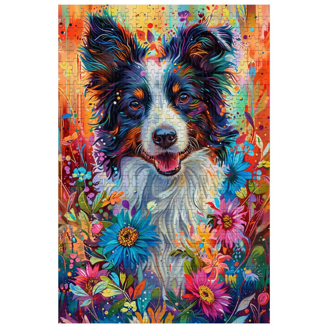 Colorful shepherd dog jigsaw puzzle featuring vibrant flowers, ideal for puzzle lovers and brain games.