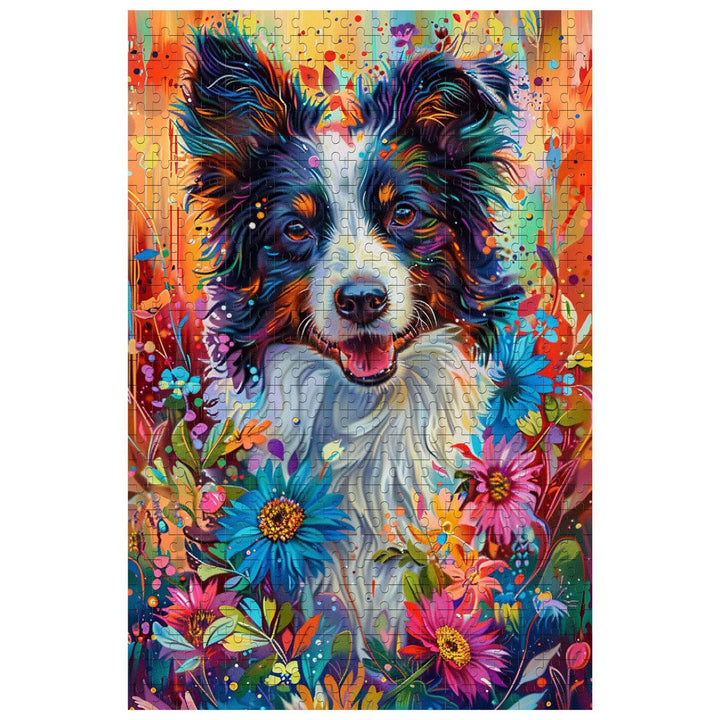 Colorful shepherd dog jigsaw puzzle featuring vibrant flowers, ideal for puzzle lovers and brain games.