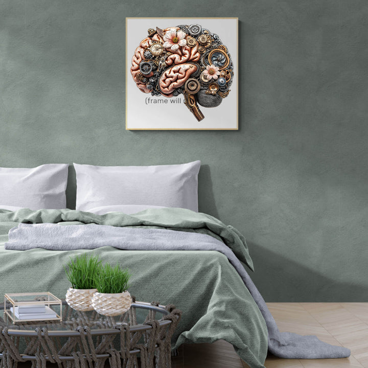 3D Mechanical Brainstem artwork in a modern bedroom setting with green accents and cozy bedding.