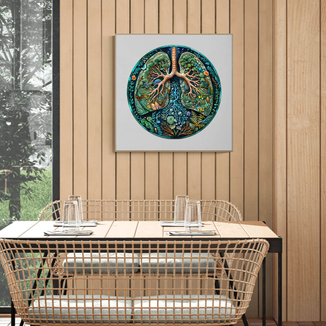 Breath of Nature jigsaw puzzle displayed on a wall, emphasizing nature-themed art and puzzle-solving benefits.