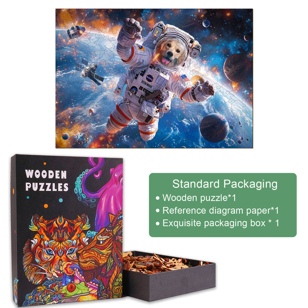 Space Traveler Max Wooden Jigsaw Puzzle featuring a dog in an astronaut suit floating in outer space.
