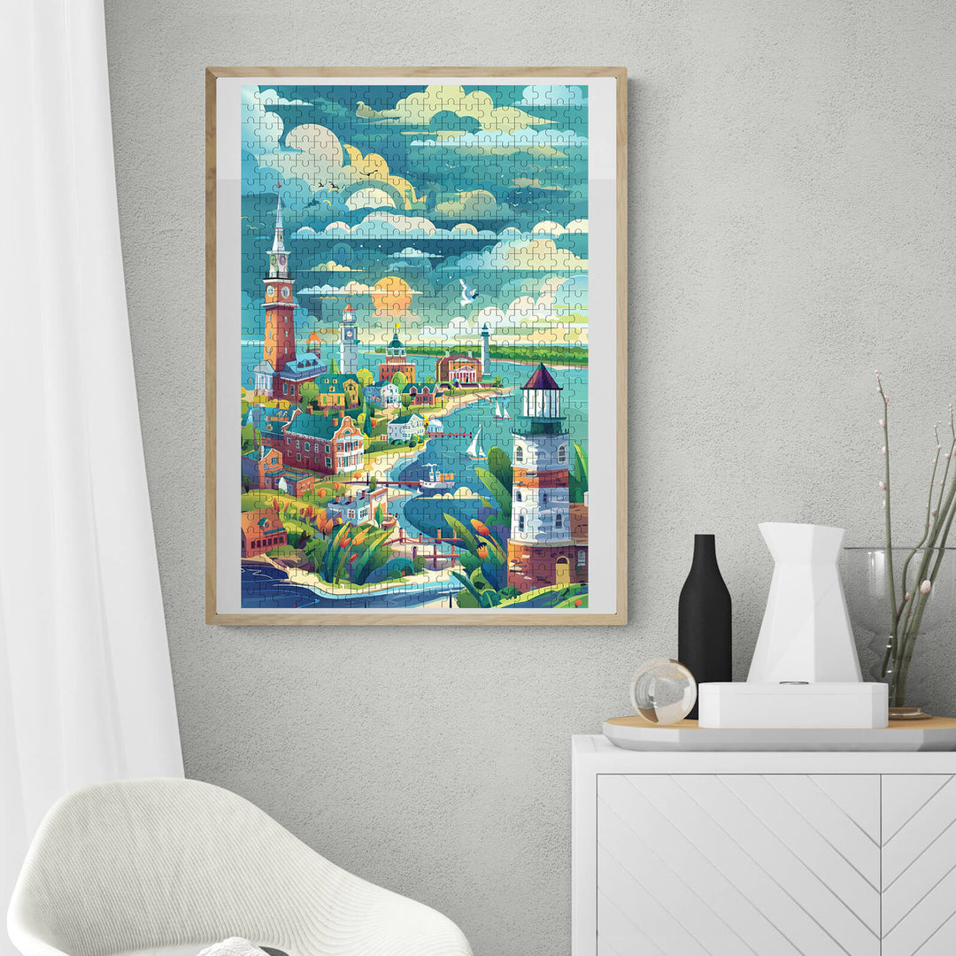 Colorful Coastal City puzzle design featuring a scenic view with lighthouses and buildings.