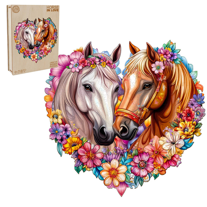 Colorful Horse in Love wooden jigsaw puzzle featuring two horses in a heart of flowers, perfect for enhancing focus and mental skills.