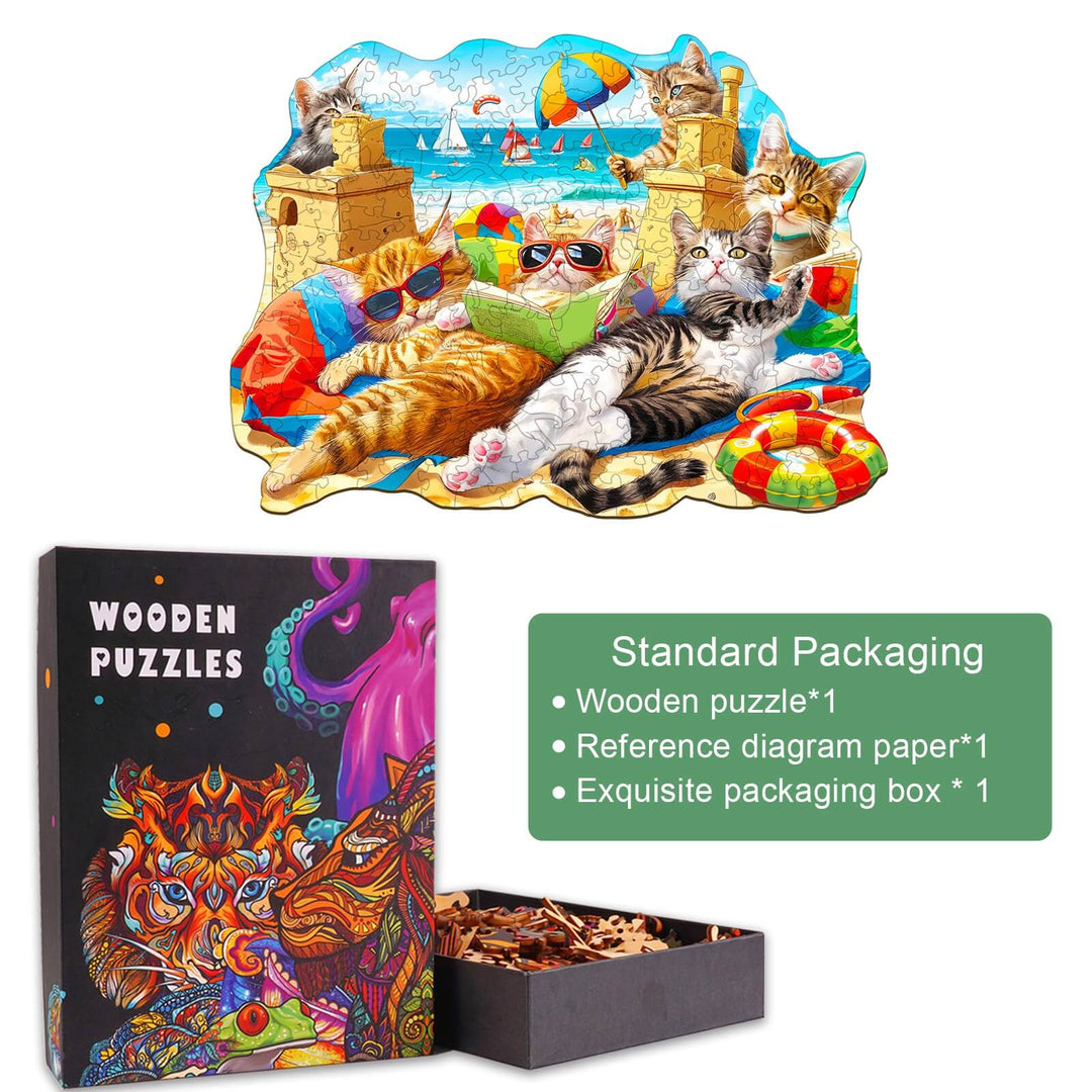 Colorful Beach Cat wooden jigsaw puzzle with cats relaxing near sandcastles and vibrant beach accessories.