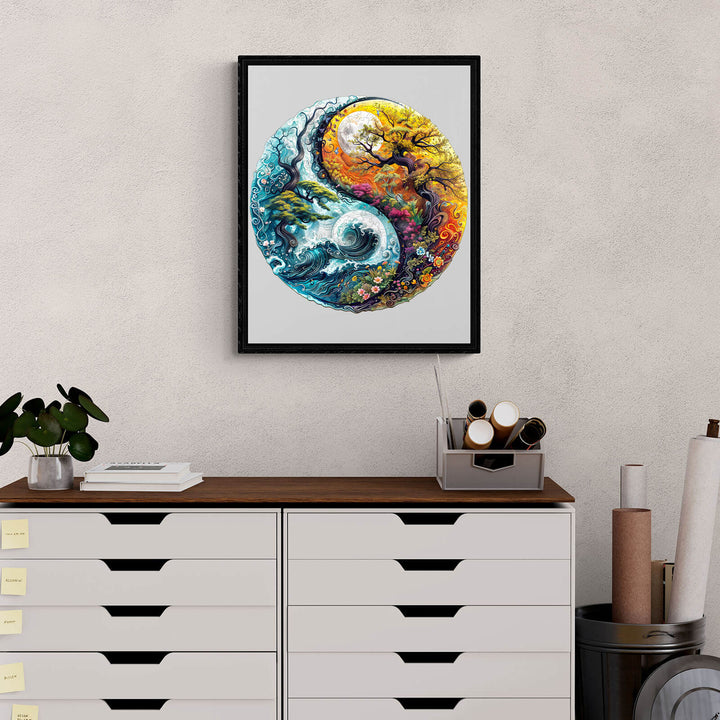 Yin yang landscape jigsaw puzzle artwork depicting harmony with nature, ideal for enhancing focus and cognitive skills.