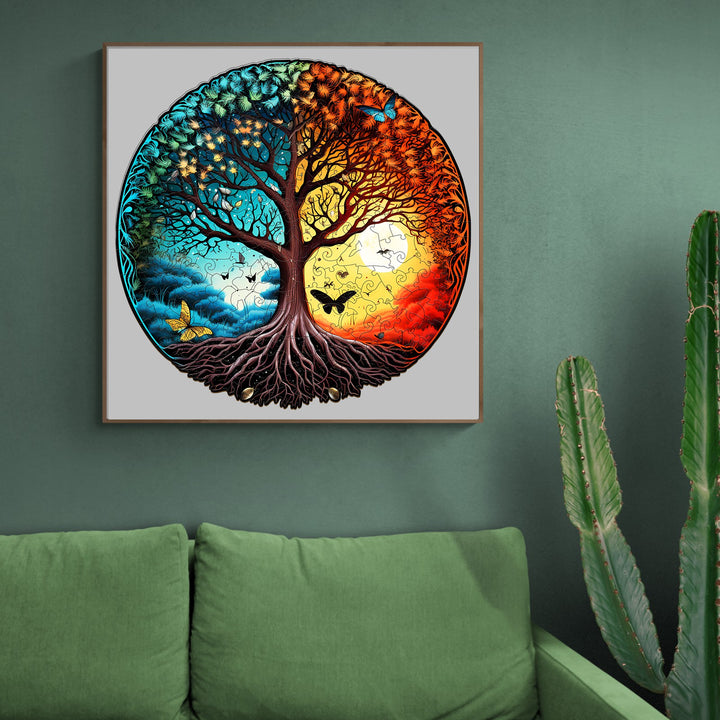Vibrant Yin Yang Tree of Life wooden jigsaw puzzle showcased in modern living room decor.