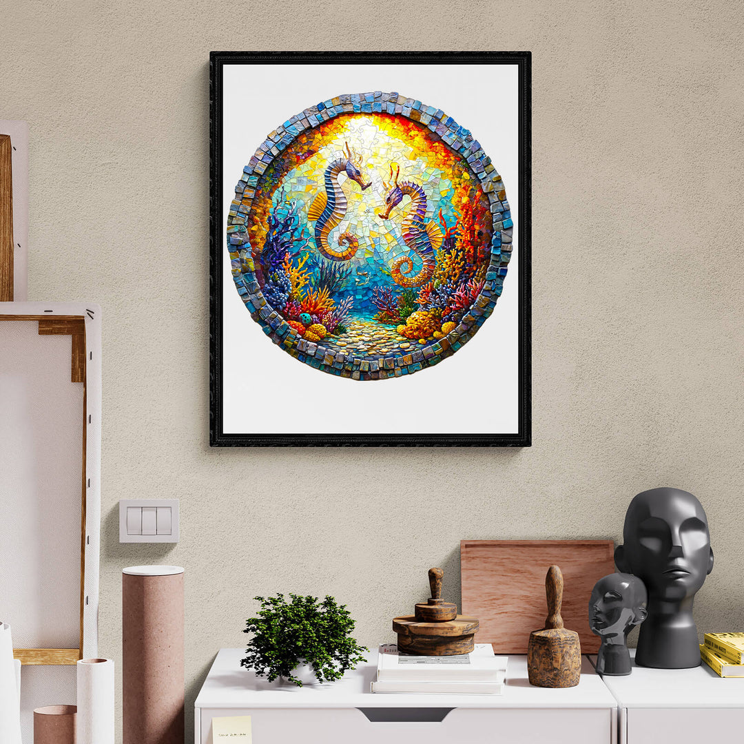 Colorful 3D Seahorses in Harmony wooden jigsaw puzzle displayed in a modern room, showcasing vibrant ocean life.