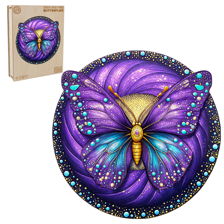 Seek and Find Butterflies wooden jigsaw puzzle featuring a vibrant, colorful butterfly design on a purple background.