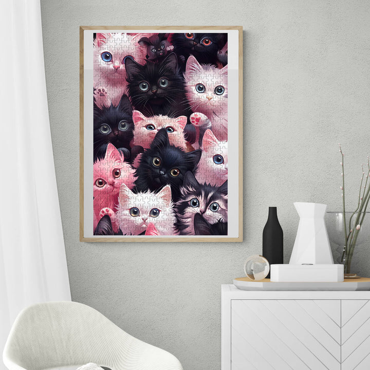 Colorful cartoon kittens art print showcased in a modern home decor setting.