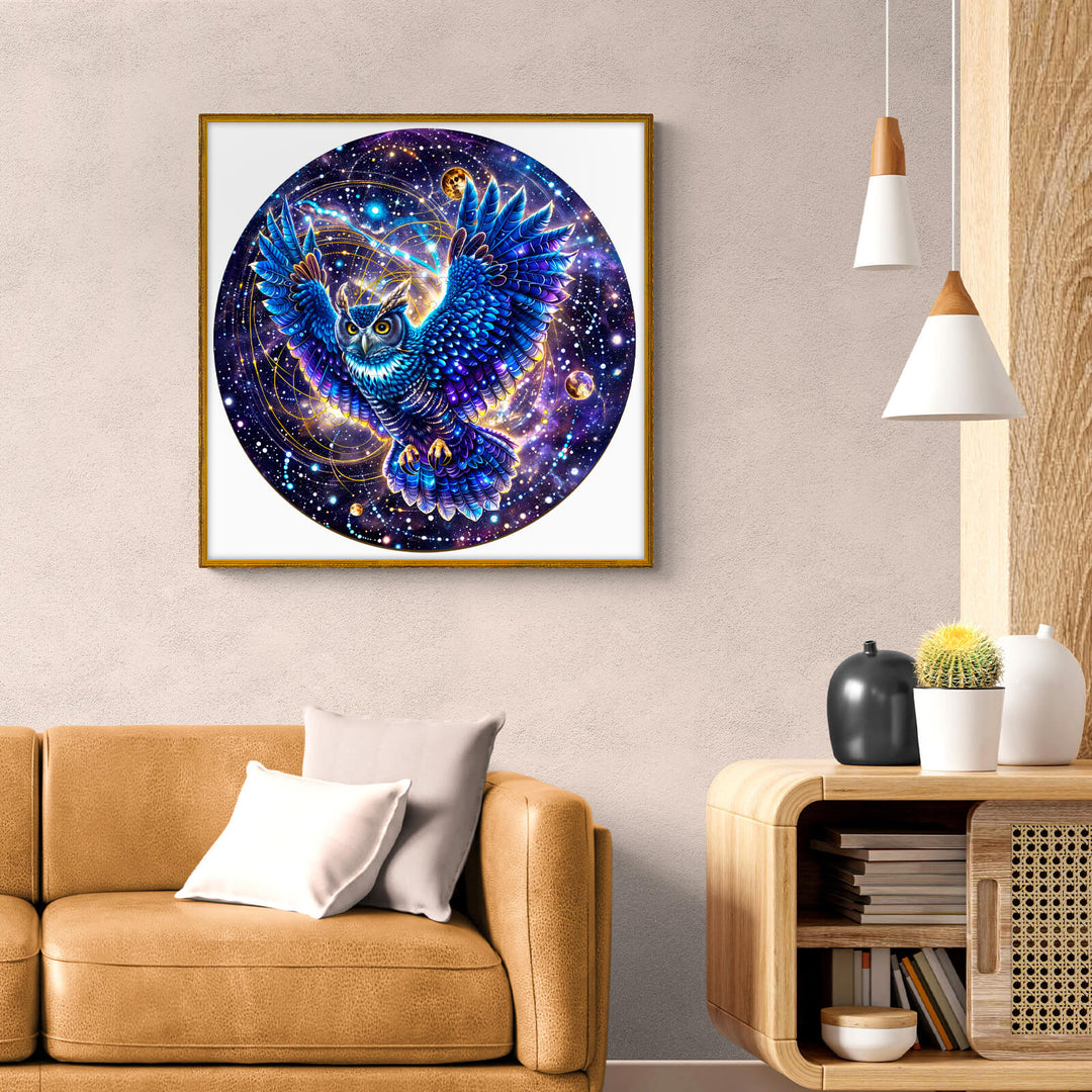 Galaxy Owl-1 wooden jigsaw puzzle art displayed in a modern living room, showcasing an owl in a cosmic scene.