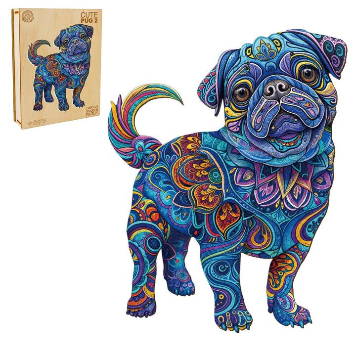 Colorful Cute Pug-2 wooden jigsaw puzzle showcasing a vibrant pug design, perfect for puzzle lovers and mind games.