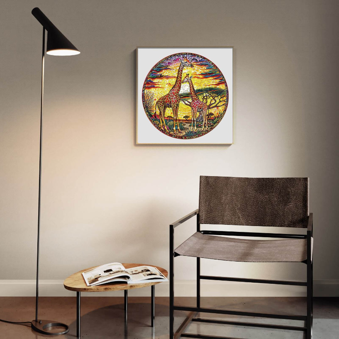 Artistic giraffe wall art in a cozy modern living room with a lamp and chair.