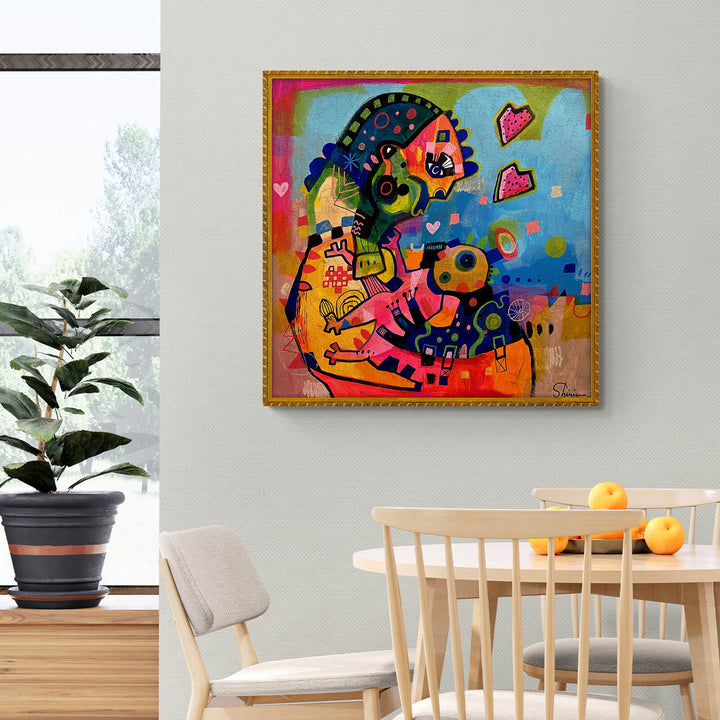 Colorful artwork titled 'Mother and Son' by Shirin Moarefi, showcasing a vibrant relationship in a modern setting.