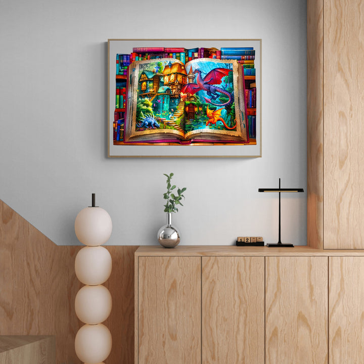 Colorful illustration of a fantasy book with dragons and magical creatures, perfect for a whimsical decor.