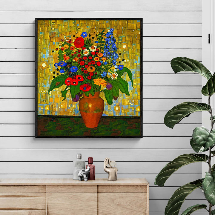 Vase with vibrant delphiniums and flowers by artist Nicholas John Vardaxis, displayed on a modern wall with greenery.