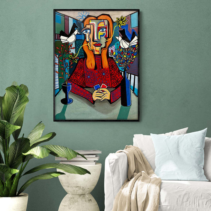 Artwork 'Enigmatic Nature' by Dylan Gill, featuring a colorful abstract portrait with plants and birds.
