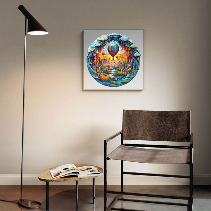 Colorful 3D Balloon town wooden jigsaw puzzle displayed in a modern living room setting.