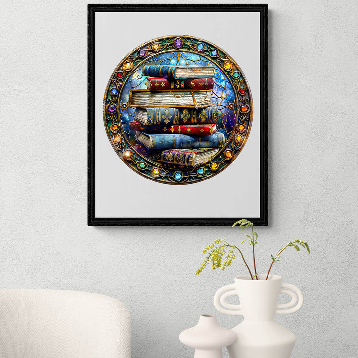 Colorful framed artwork of stacked magical books in a circular stained glass design, representing a puzzle theme.