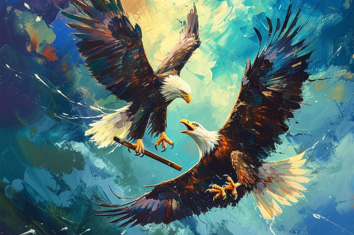 Colorful artwork of two majestic eagles in flight, symbolizing freedom and focus, perfect for puzzle enthusiasts.