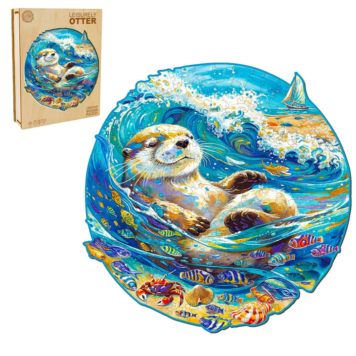 Leisurely Otter wooden jigsaw puzzle featuring a playful otter in vibrant ocean colors and marine life.