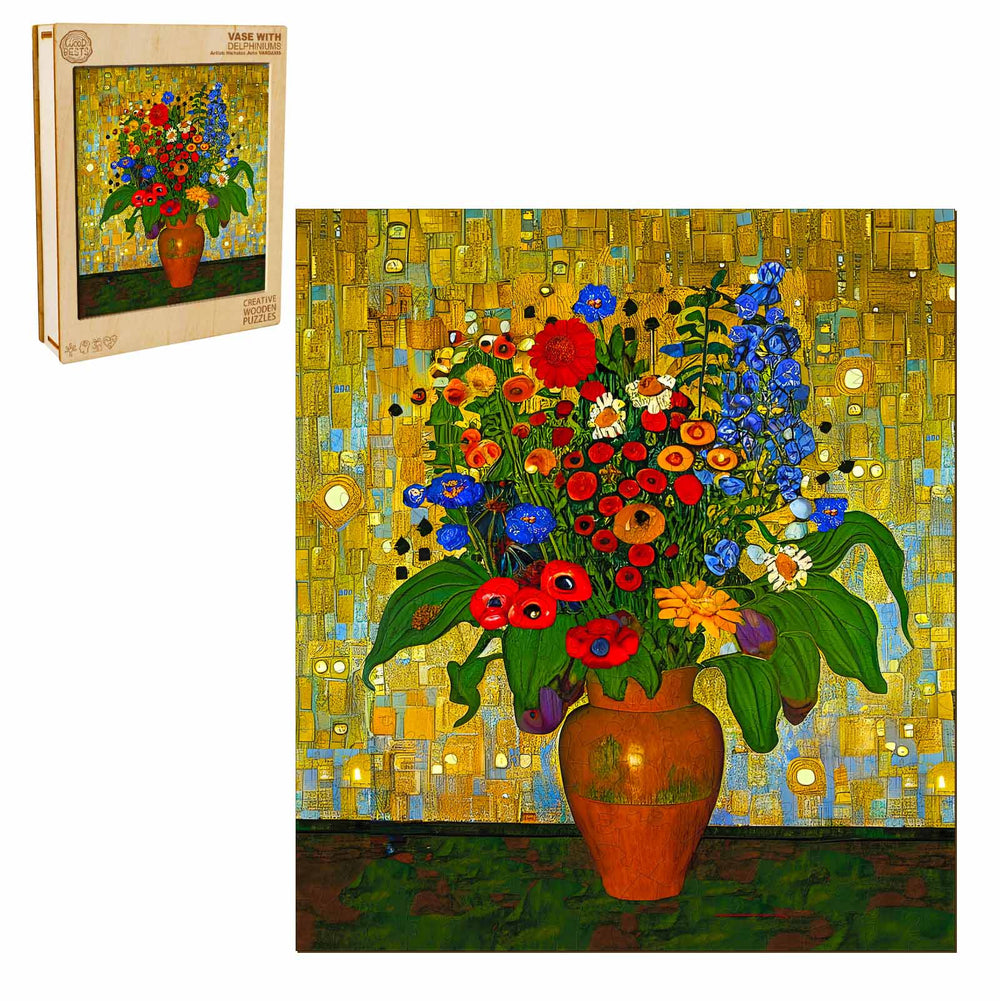 Vase with Delphiniums by Nicholas John VARDAXIS, featuring vibrant flowers and artistic background, perfect for home decor.