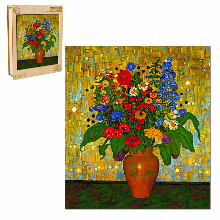 Vase with Delphiniums by Nicholas John VARDAXIS, featuring vibrant flowers and artistic background, perfect for home decor.
