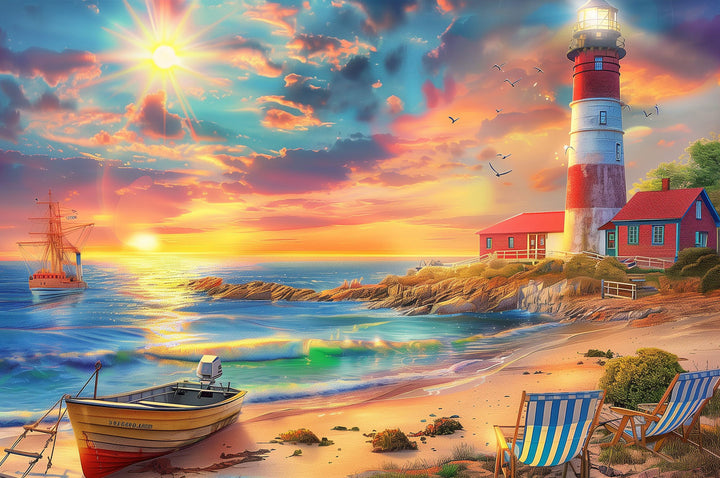 A vibrant sunset over a beach with a lighthouse, fishing boat, and colorful deck chairs, capturing the serenity of coastal life.