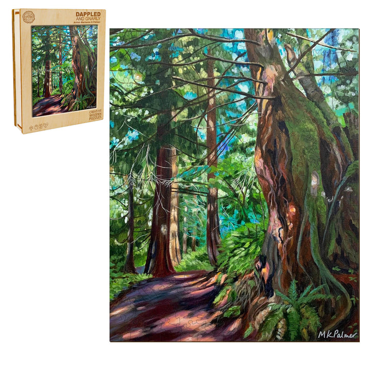 Dappled and Gnarly painting by Marianne K Palmer, featuring vibrant forest colors and textures, perfect for artistic inspiration.