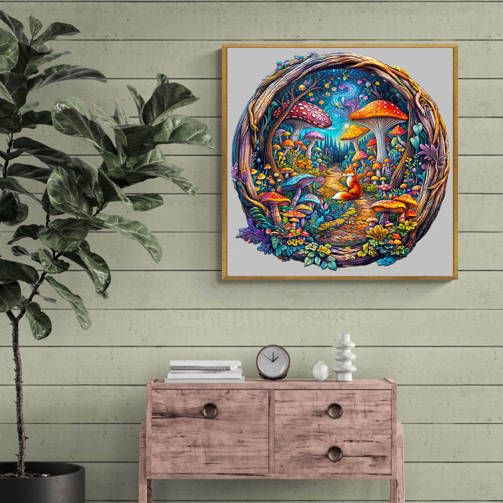 Colorful 3D Mushroom Forest wooden jigsaw puzzle art displayed in a cozy home setting.