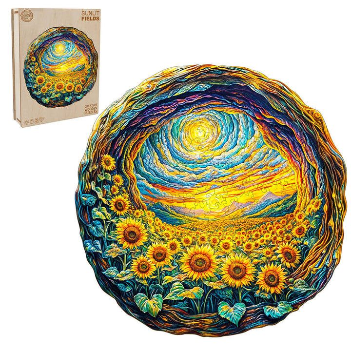 3D Sunlit Fields wooden jigsaw puzzle featuring vibrant sunflowers and a colorful sunset design.