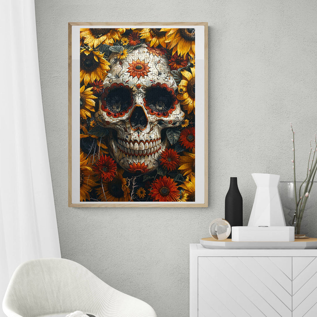 Halloween Skull puzzle artwork surrounded by sunflowers, perfect for challenging mind games and jigsaw puzzle enthusiasts.