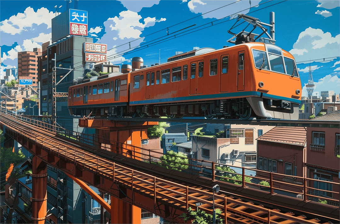 Colorful city train running on elevated tracks with urban skyline against a blue sky background, showcasing puzzle theme.