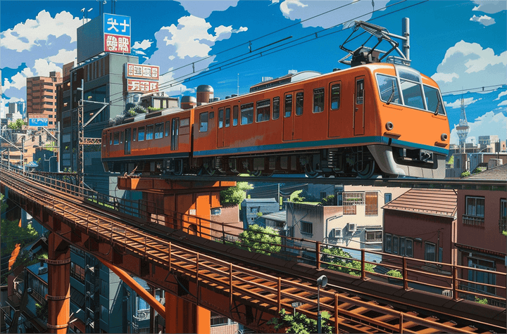 Colorful city train running on elevated tracks with urban skyline against a blue sky background, showcasing puzzle theme.