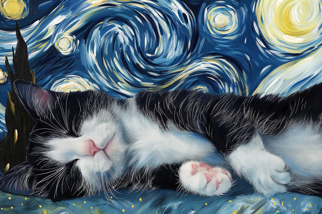 Sleepy cat lying on a starry night background, perfect for a 500/1000 piece jigsaw puzzle, enhancing focus and mental skills.