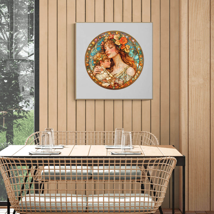 Maternal love wooden jigsaw puzzle displayed in a dining area, emphasizes family bonds and thoughtful play.
