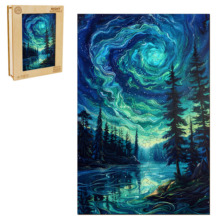 Night Aurora-2 Wooden Jigsaw Puzzle showcasing a vibrant night sky and serene lake, perfect for mind games and focus.