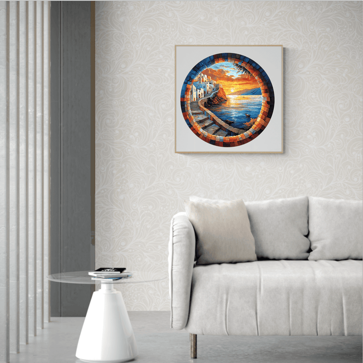 Capri wooden jigsaw puzzle displayed in a modern living room, enhancing decor and promoting focus through puzzle solving.