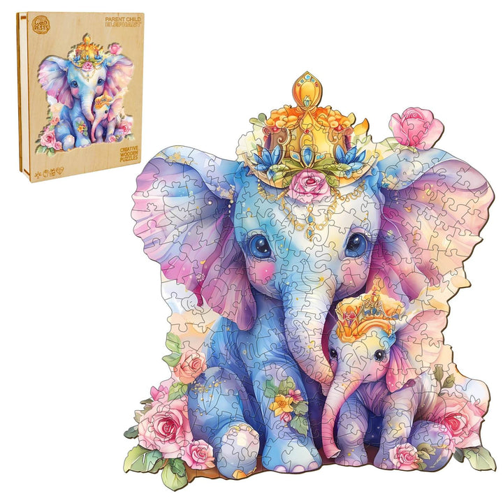 Colorful Parent child elephant wooden jigsaw puzzle with floral design, perfect for enhancing focus and cognitive skills.