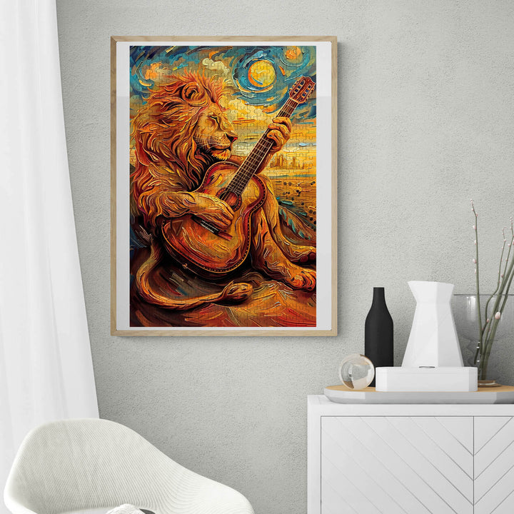 Lion playing guitar artwork showcased in a modern living room, perfect for puzzle lovers and art enthusiasts.
