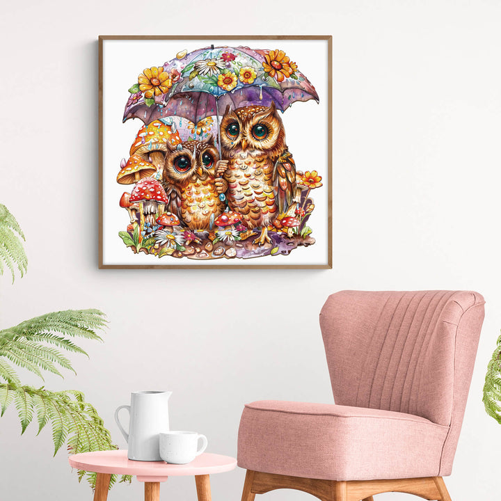 Colorful Umbrella Owls artwork, perfect for jigsaw puzzle lovers and home decor enthusiasts.