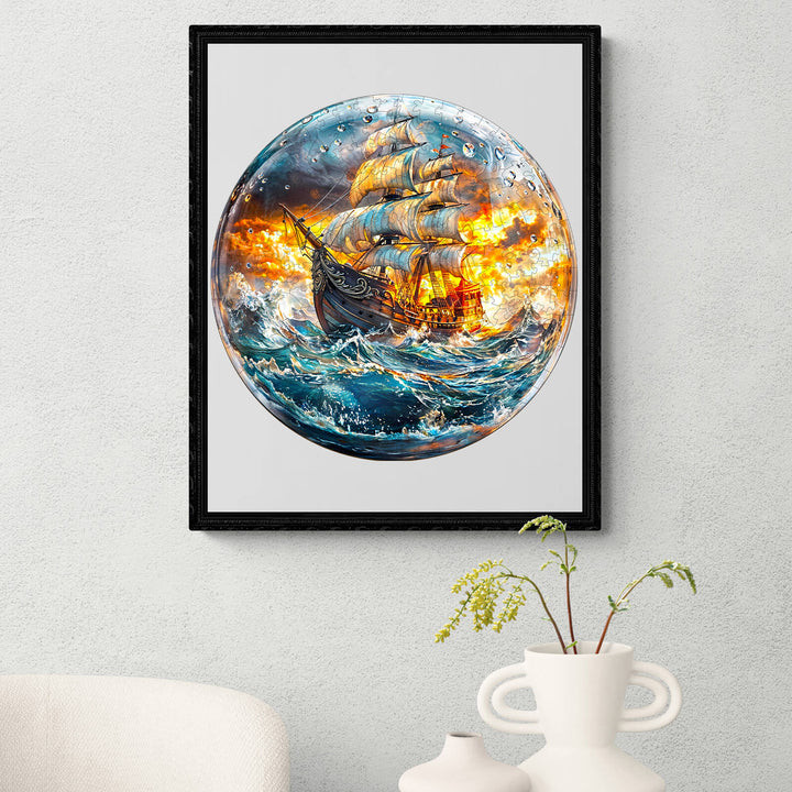 Stormy Voyage wooden jigsaw puzzle featuring a ship in turbulent waters and flames, designed for puzzle enthusiasts.