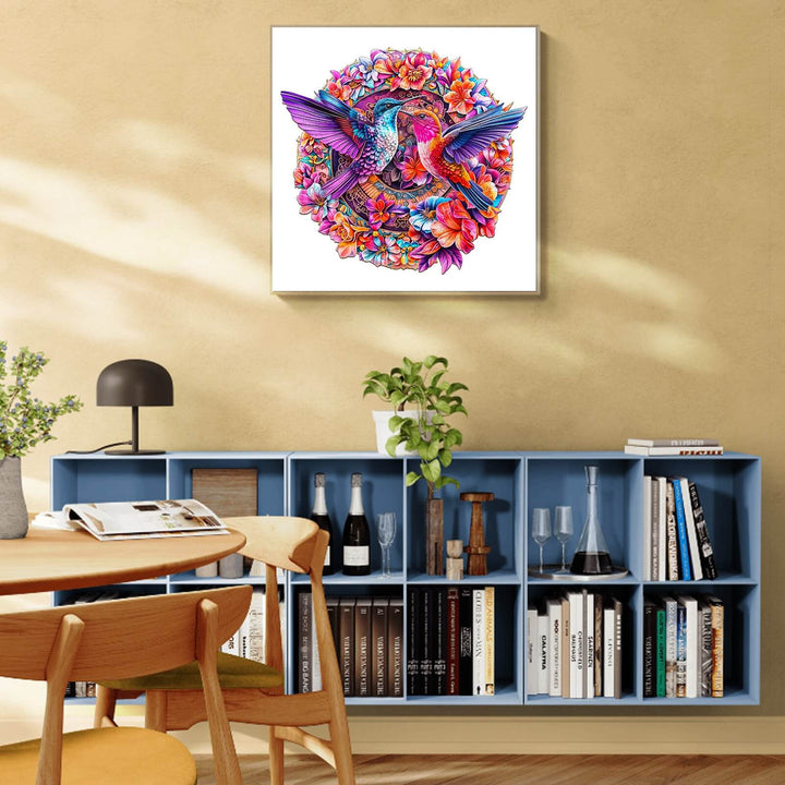 Vibrant Flower Hummingbird wooden jigsaw puzzle showcased in a stylish living room with modern decor.