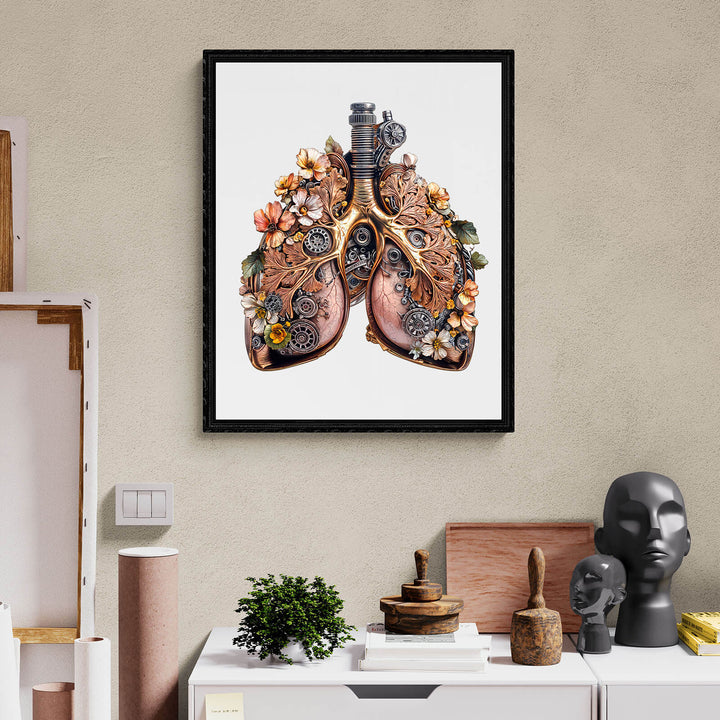 3D Mechanical Lung Wooden Jigsaw Puzzle artwork with floral decorations and gears, enhancing focus and problem-solving skills.