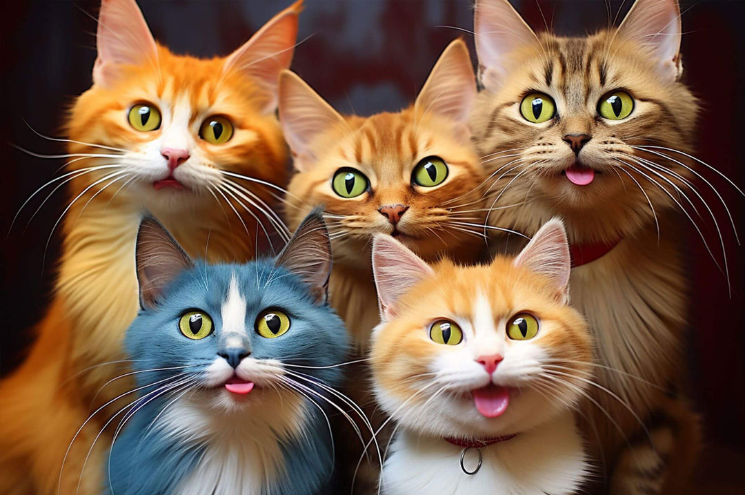 Five adorable cats with colorful fur, showcasing their playful faces and expressions, perfect for cat lovers and puzzle enthusiasts.