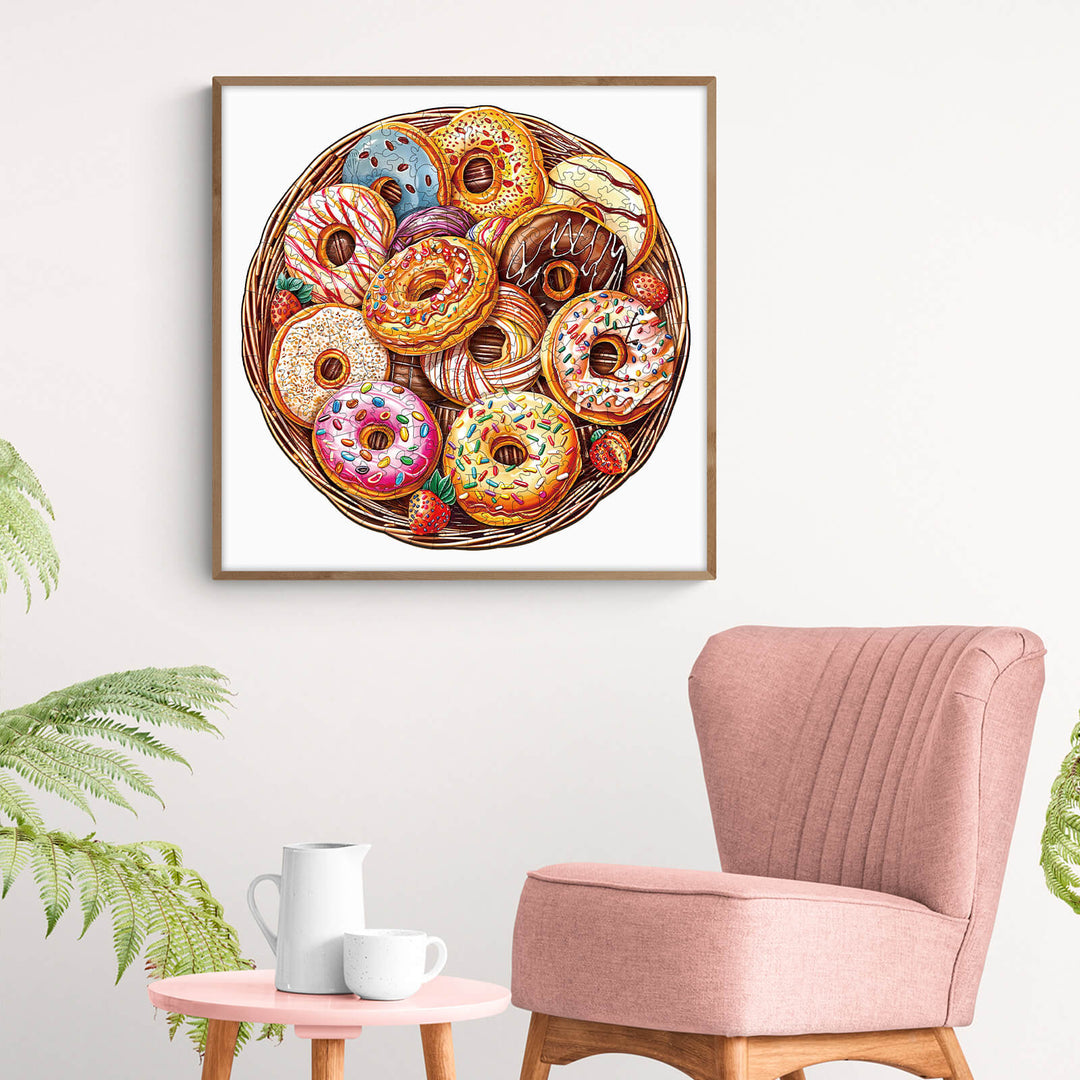 Colorful assortment of donuts in a decorative basket, showcasing vibrant designs and toppings, perfect for decor lovers.