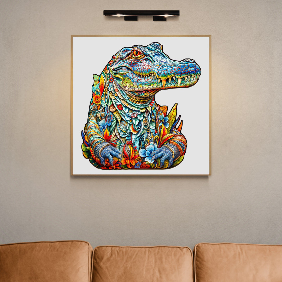 Vibrant crocodile artwork showcasing intricate patterns and colorful floral designs on a wall decor.