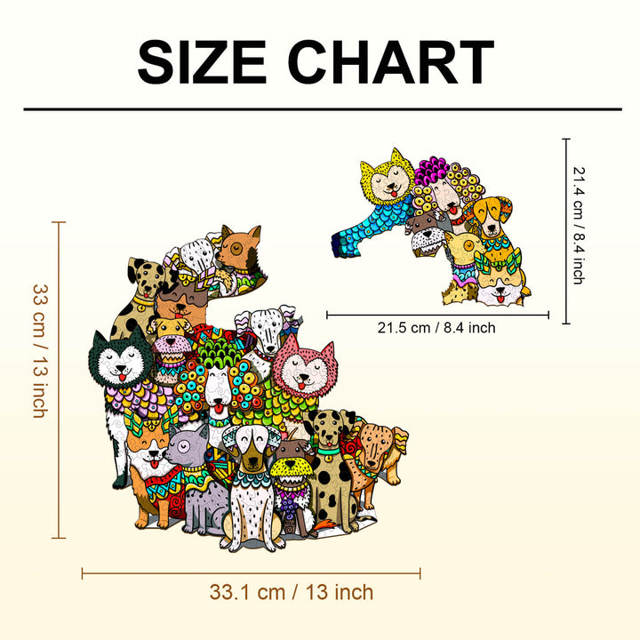 Colorful size chart for Party Puzzle-Rich Dog featuring various cartoon animals, showcasing dimensions in centimeters and inches.