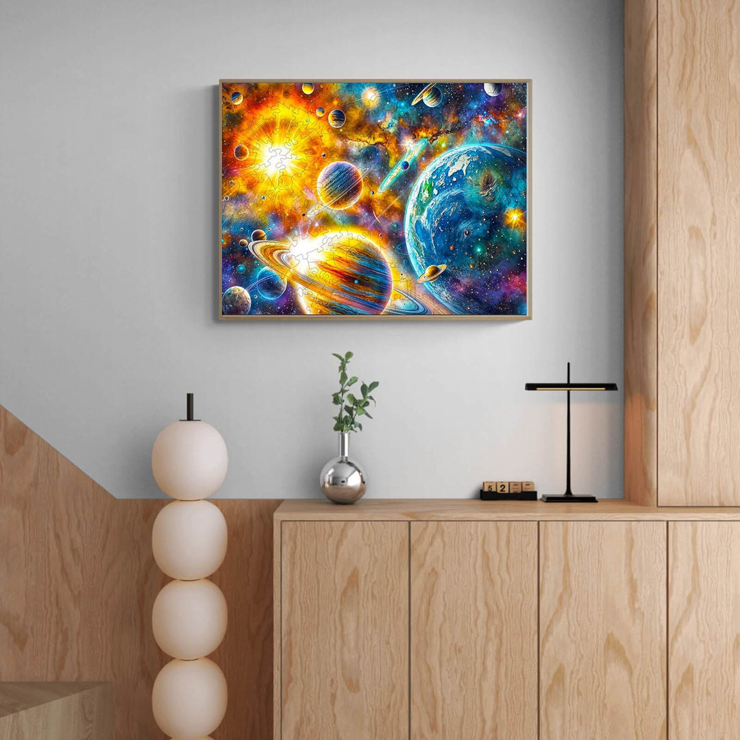 Colorful cosmic art featuring planets and stars, perfect for inspiring creativity and focus in any home decor.